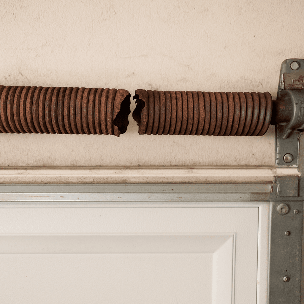 Broken garage door spring before repair