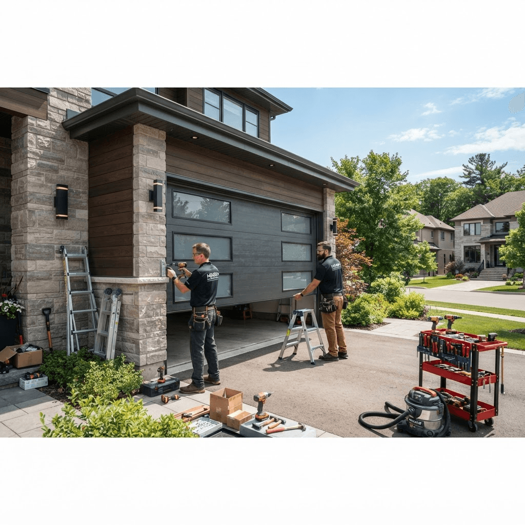 New garage door installation in progress with tools and ladders