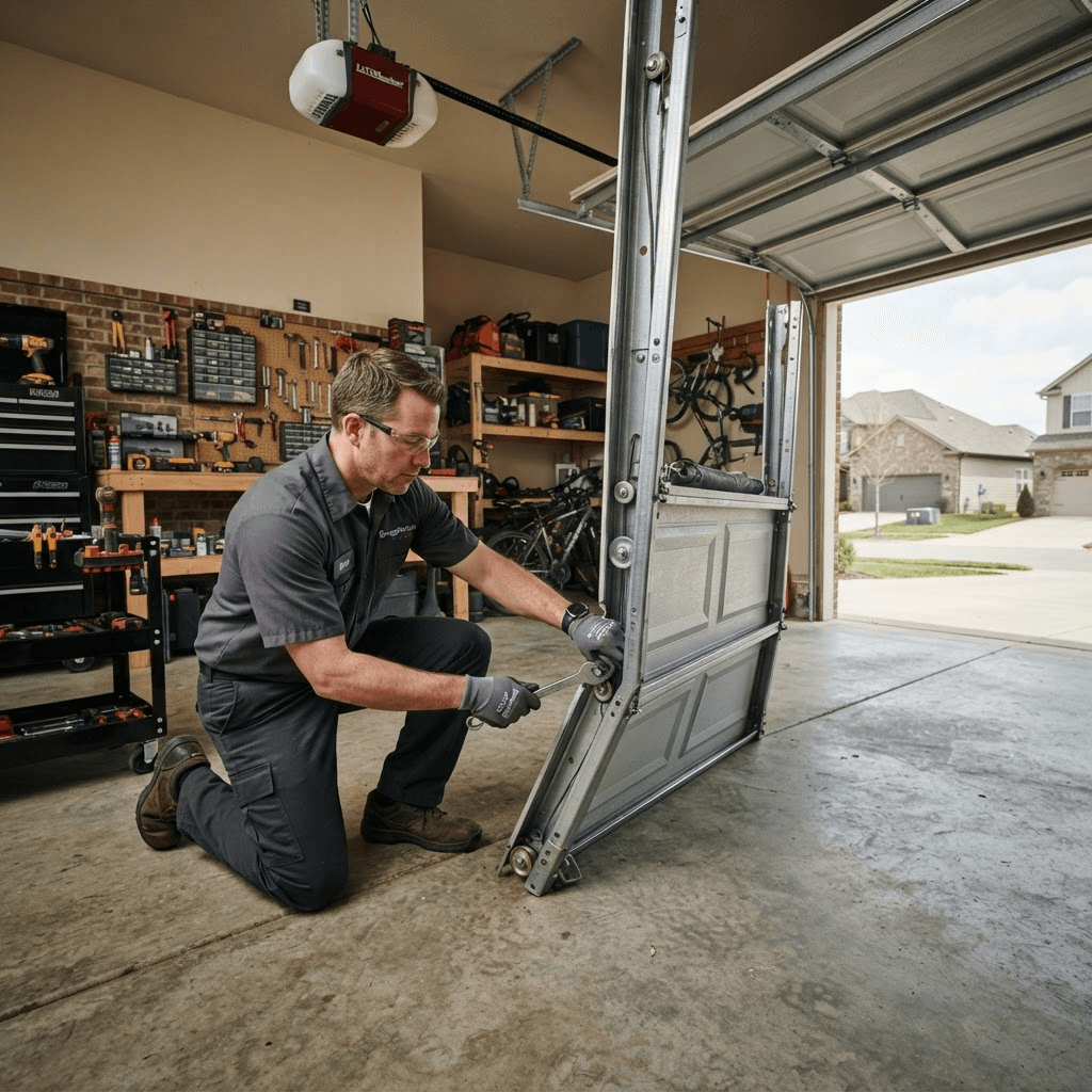 Garage door off track needing professional realignment