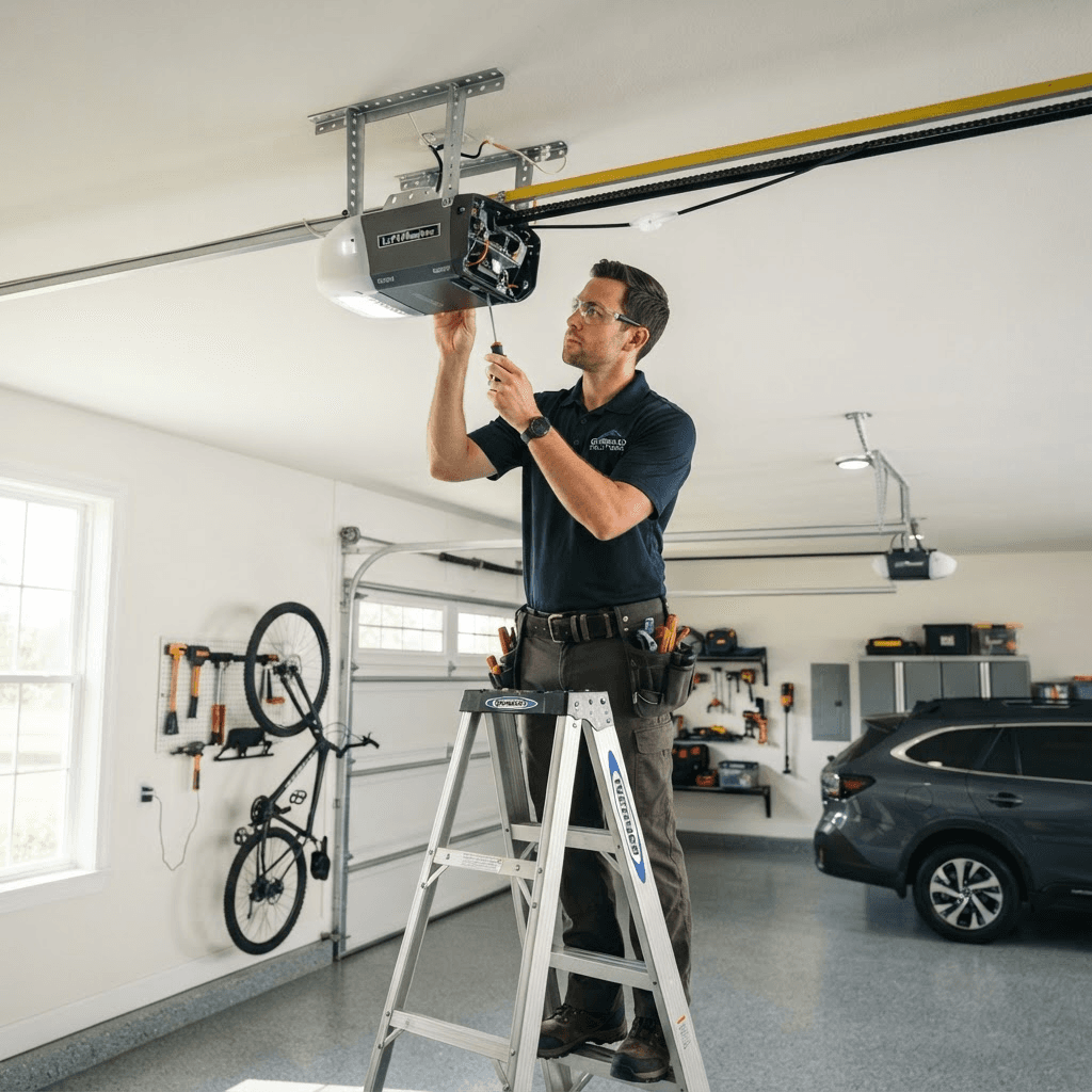 Garage door opener motor unit mounted on ceiling