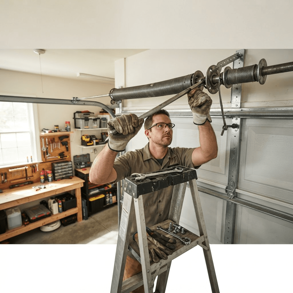 Garage door spring replacement showing torsion spring assembly