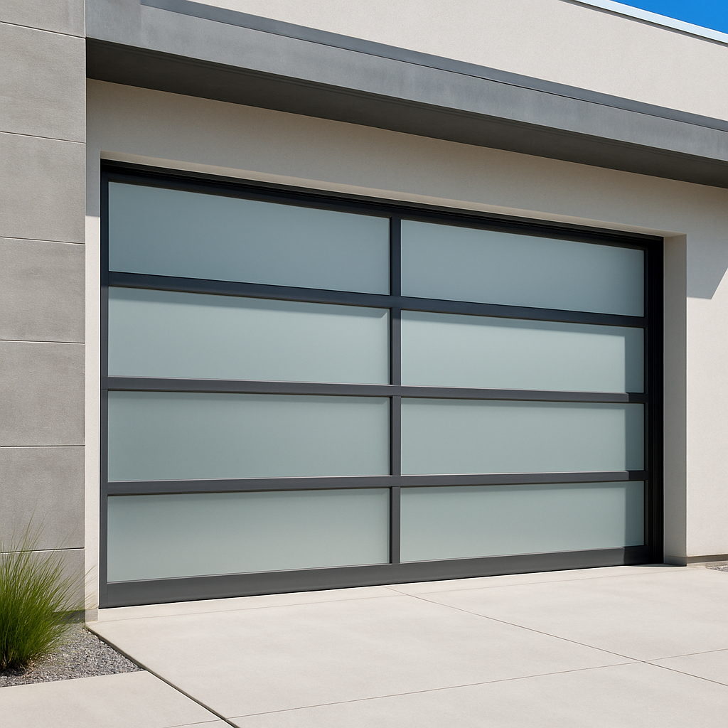 Modern full-view glass and aluminum garage door installed