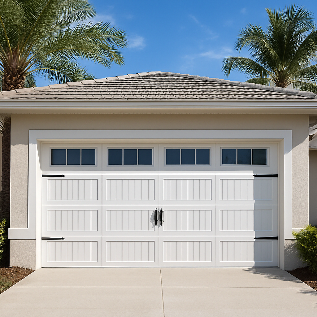 Brand new residential garage door installed on a Florida home